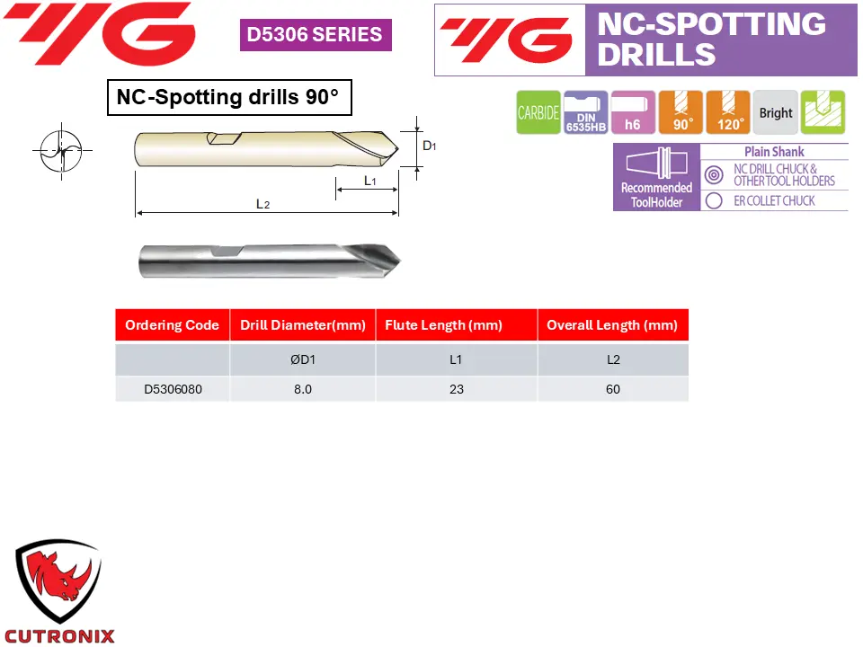 D5306 SERIES CARBIDE NC Spotting Drill(90deg.) 8X23X60.webp